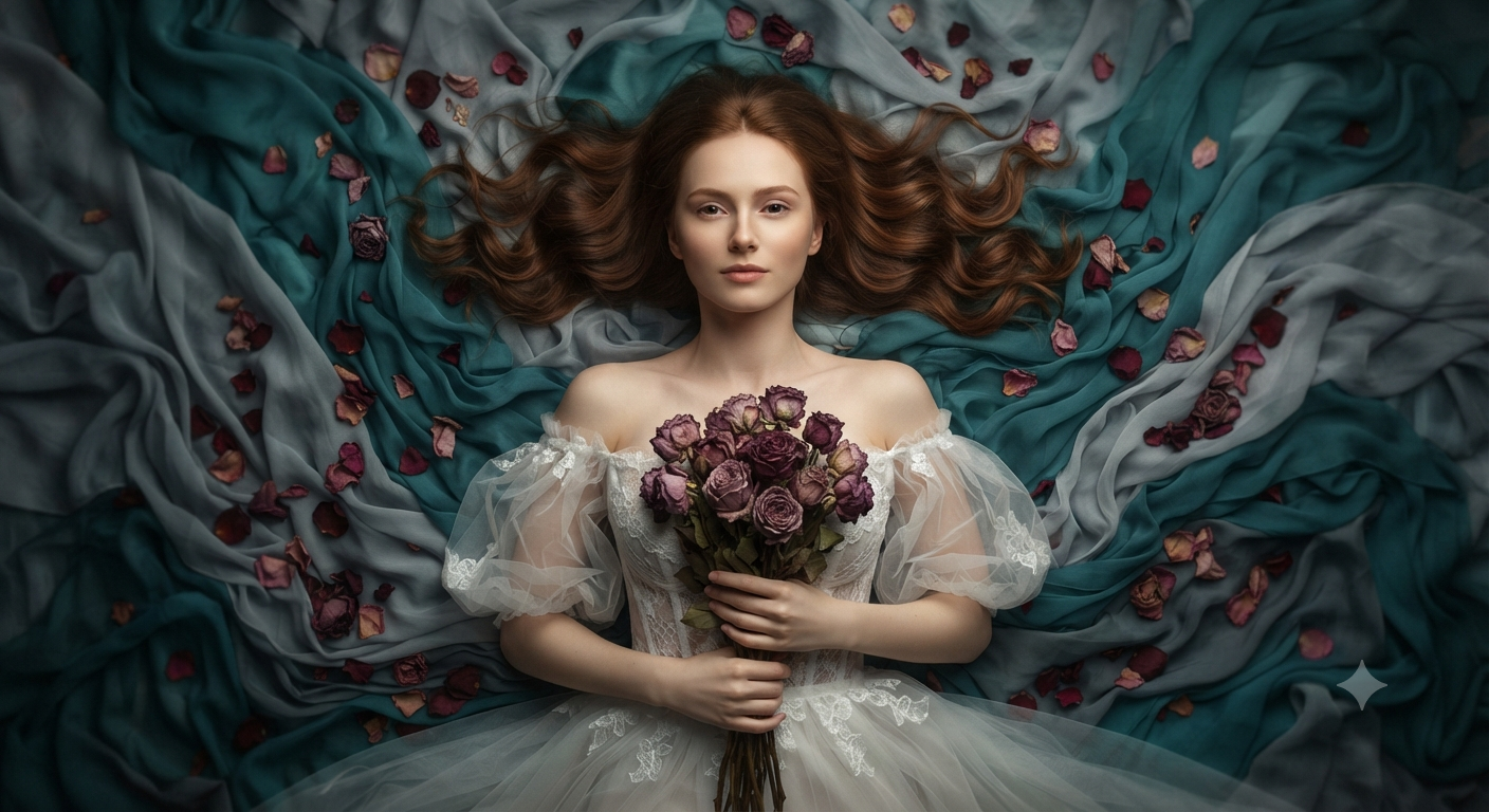Fantasy Fine-Art Portraiture — Teal & Gray Fabric Fine Art Floral Portrait