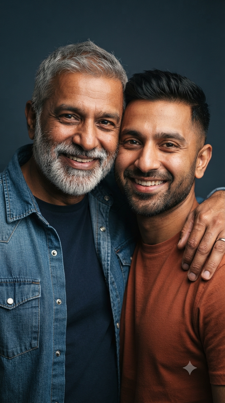 Salt and Pepper Bond: Head-and-Shoulders Father and Adult Son Studio Portrait