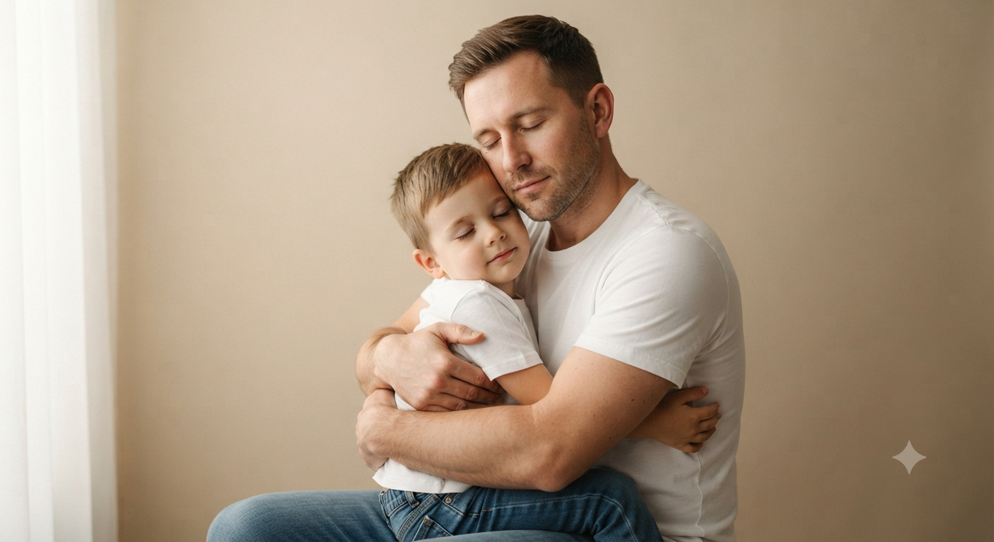 Serene Embrace: Waist-Up Father and Son Studio Portrait