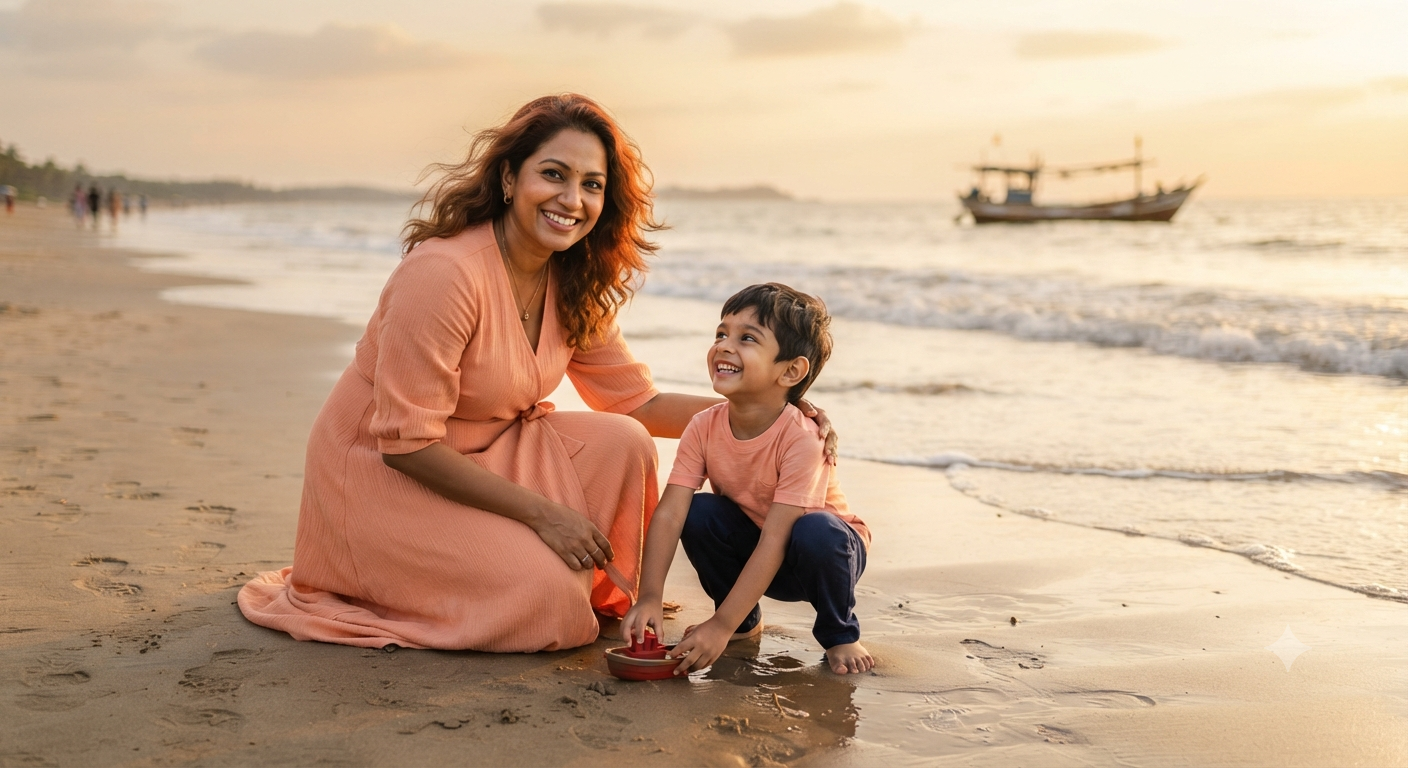 Golden Shoreline: Medium-Shot Mother and Son Beach Sunset Portrait