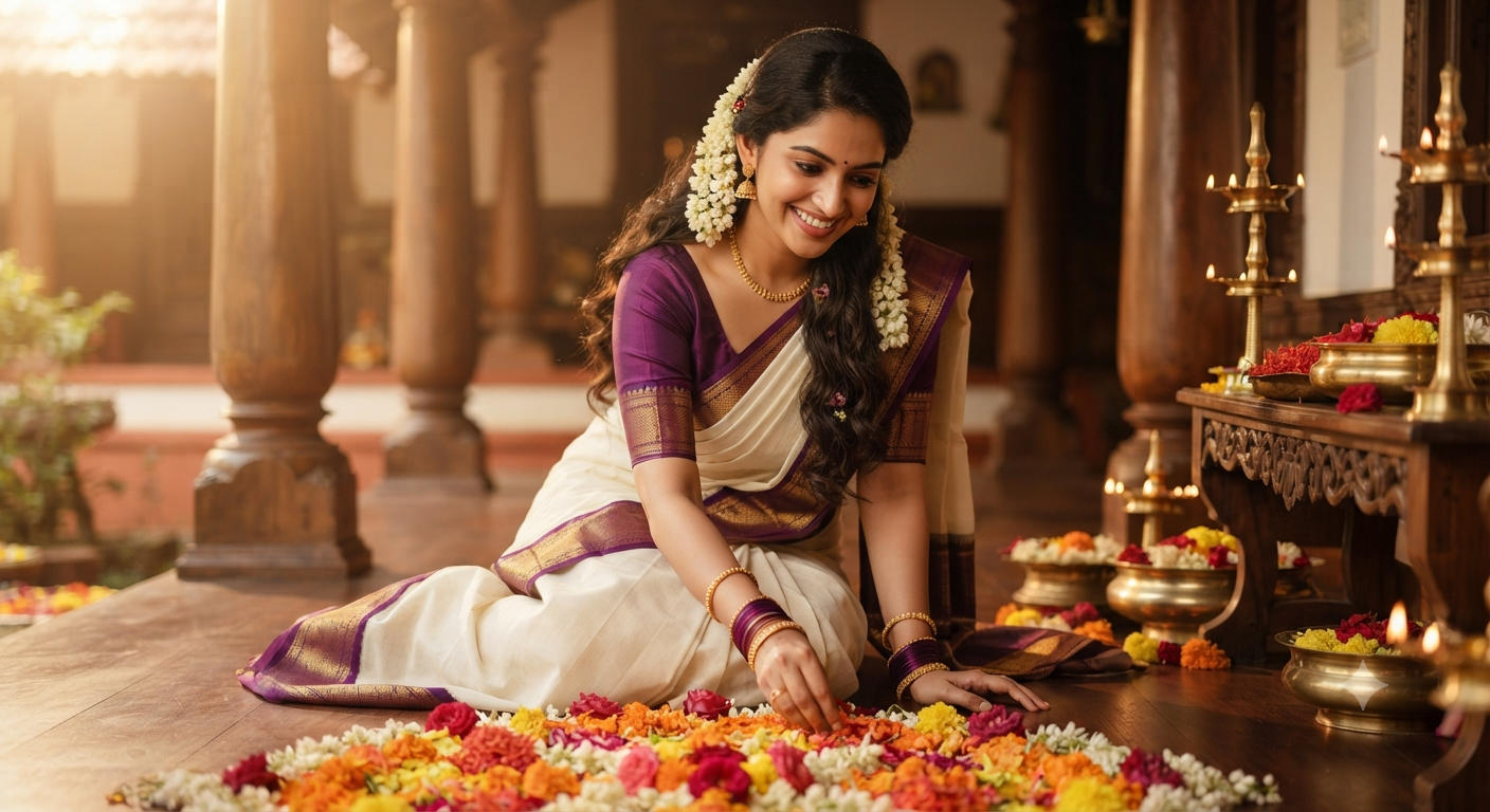 Purple Blouse Kasavu Saree Pookkalam Portrait