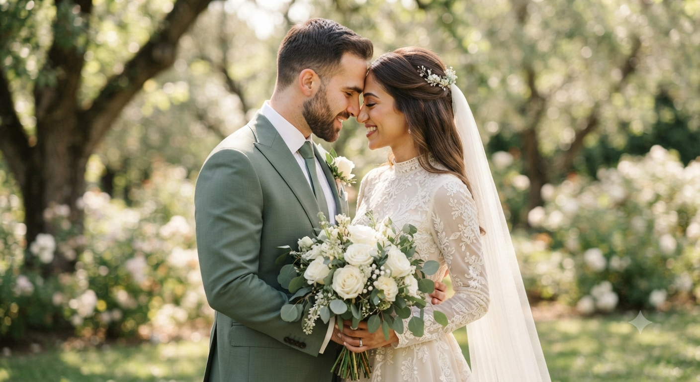 Sage Green Suit Outdoor Newlywed Portrait