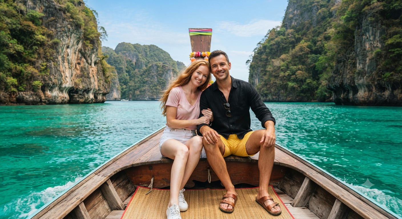Phi Phi Island Emerald Lagoon Longtail Boat Couple Portrait