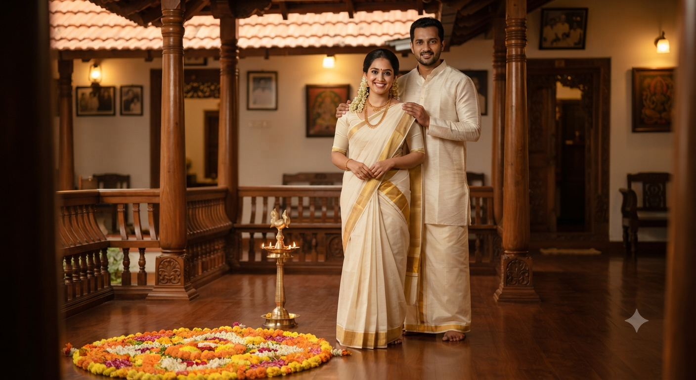 Veranda Couple Kasavu Saree Portrait