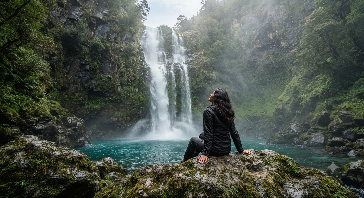 Mossy Rock Waterfall Contemplation Travel Photograph