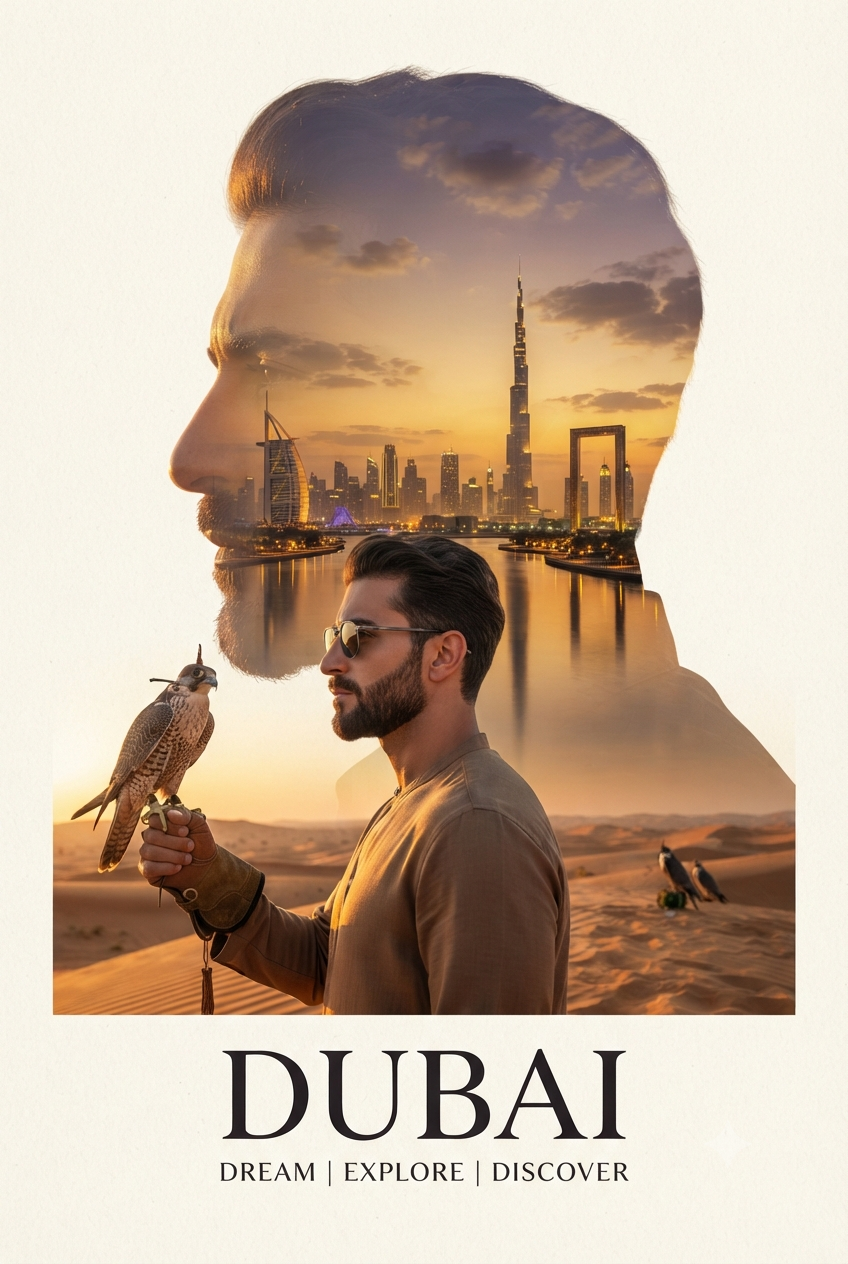 Dubai Golden Horizon Falconry Double-Exposure Poster