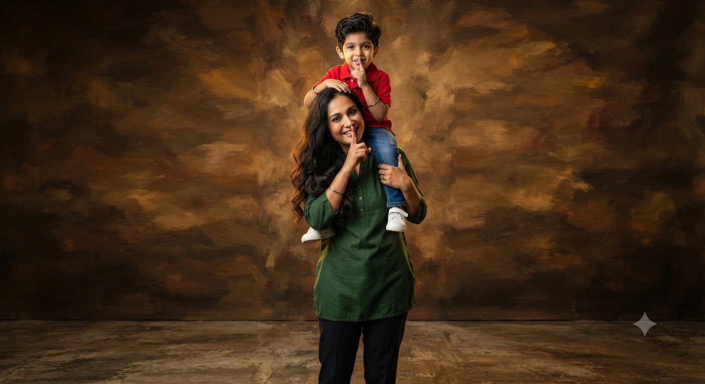 Silent Secrets: Full-Body Mother and Son Shoulder-Carry Studio Portrait