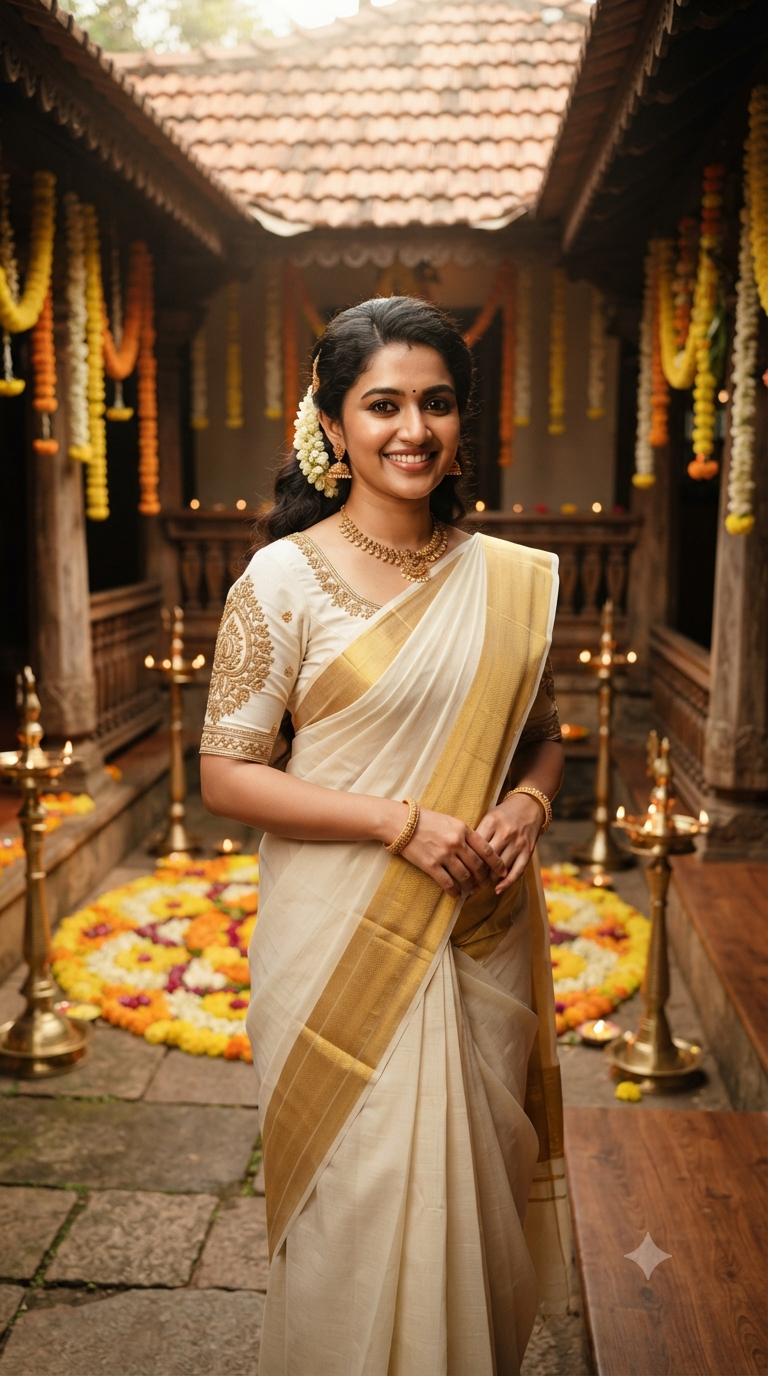 Ancestral Courtyard Kasavu Saree Portrait