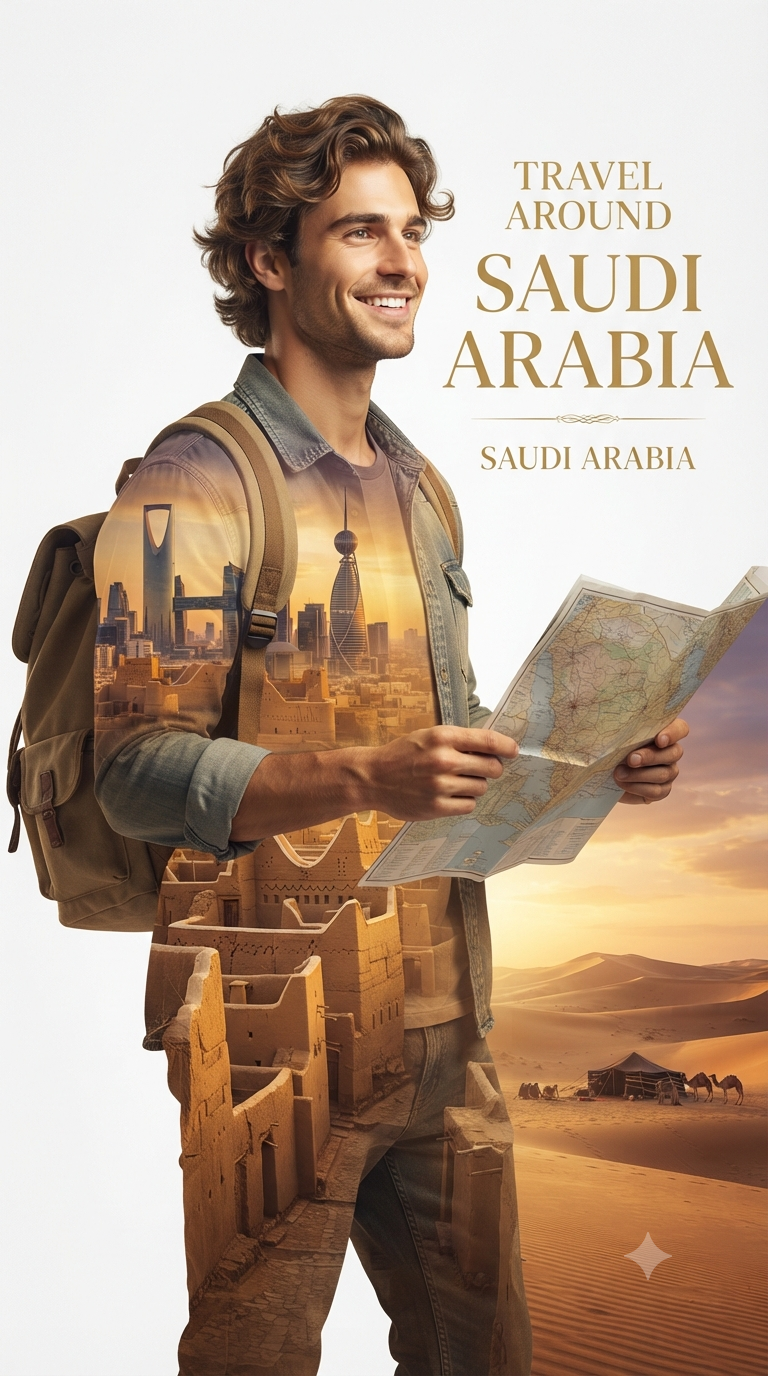 Saudi Arabia Heritage & Modernity Double-Exposure Travel Poster — Saudi Arabia Travel Poster Double Exposure