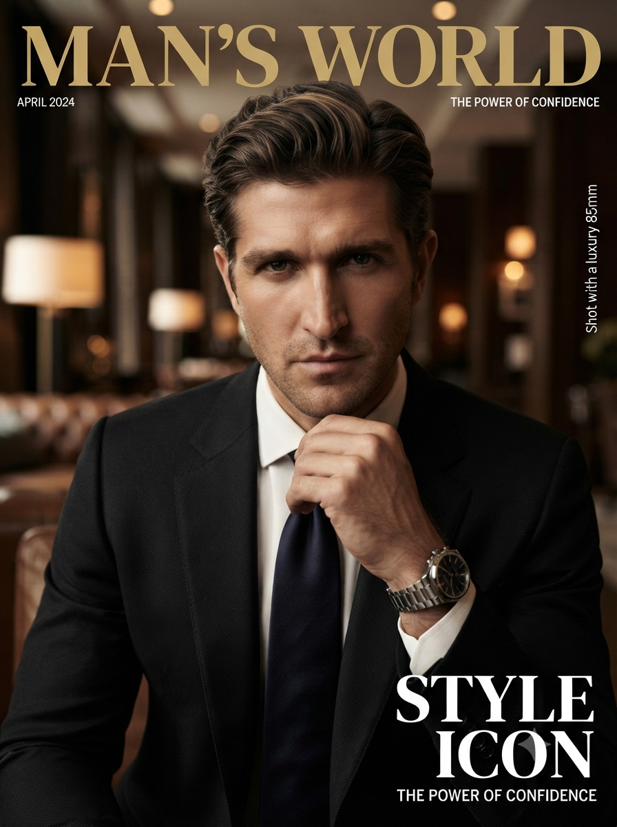Man's World "Style Icon" Luxury Suit Editorial Cover
