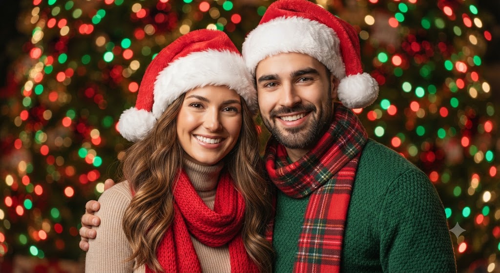 Festive Couple Holiday Portrait with Santa Hats