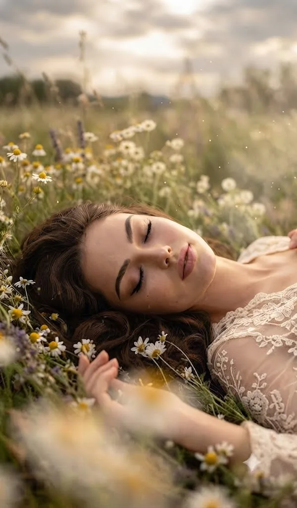 Elysian Slumber: A Portrait of Serenity in a Field of Daisies