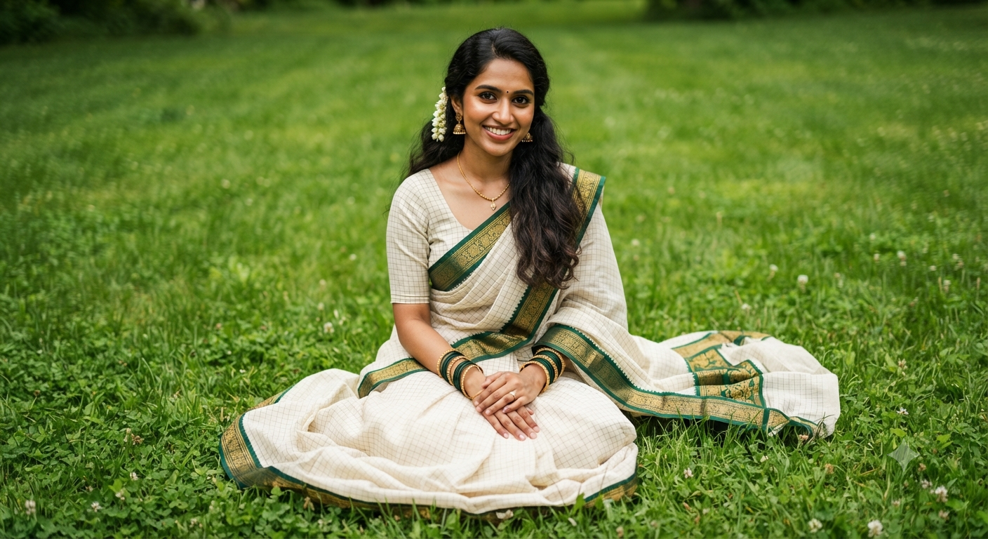 Saree Serenity: South Asian Woman on a Green Lawn