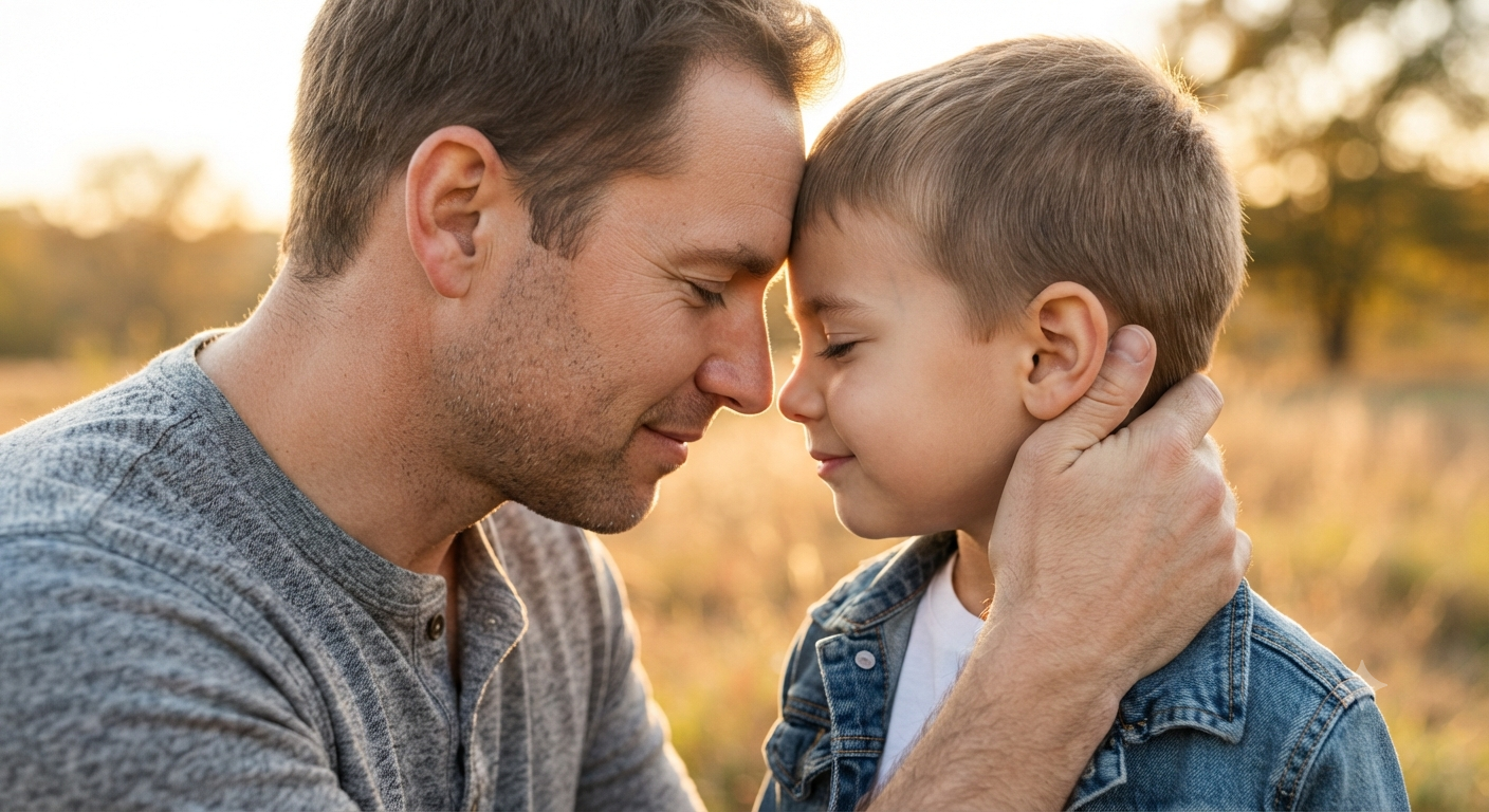 Golden Hour Serenity: Close-Up Profile Father and Son Outdoor Editorial