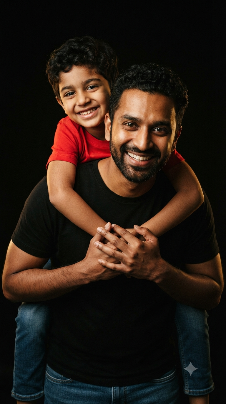 Piggyback Joy: Close-Up Father and Son Studio Editorial