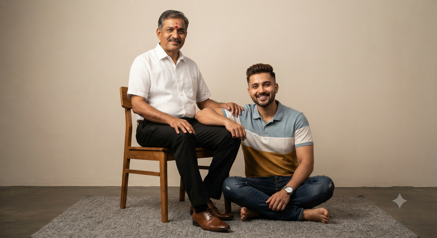Generational Harmony: Full-Length Father and Adult Son Studio Portrait