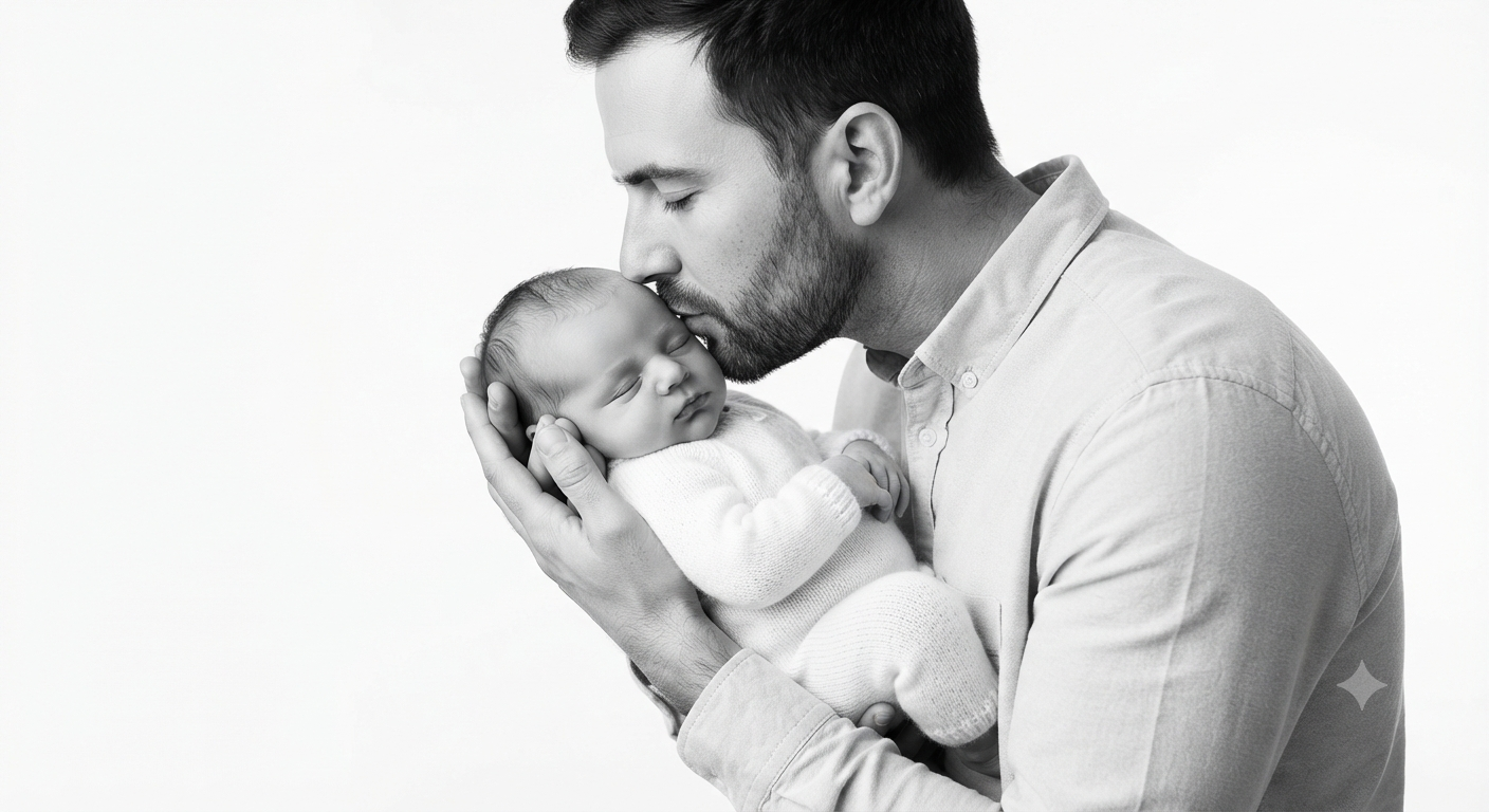 Black & White Fine Art Studio Family Photography — Tender Bond: Minimalist Black-and-White Studio Portrait of Father and Newborn