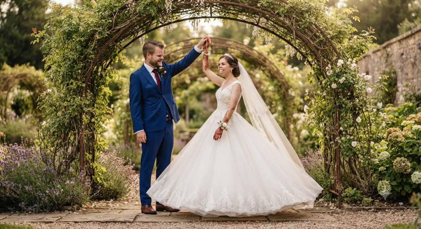 Rustic Garden Arch Spin Newlywed Portrait