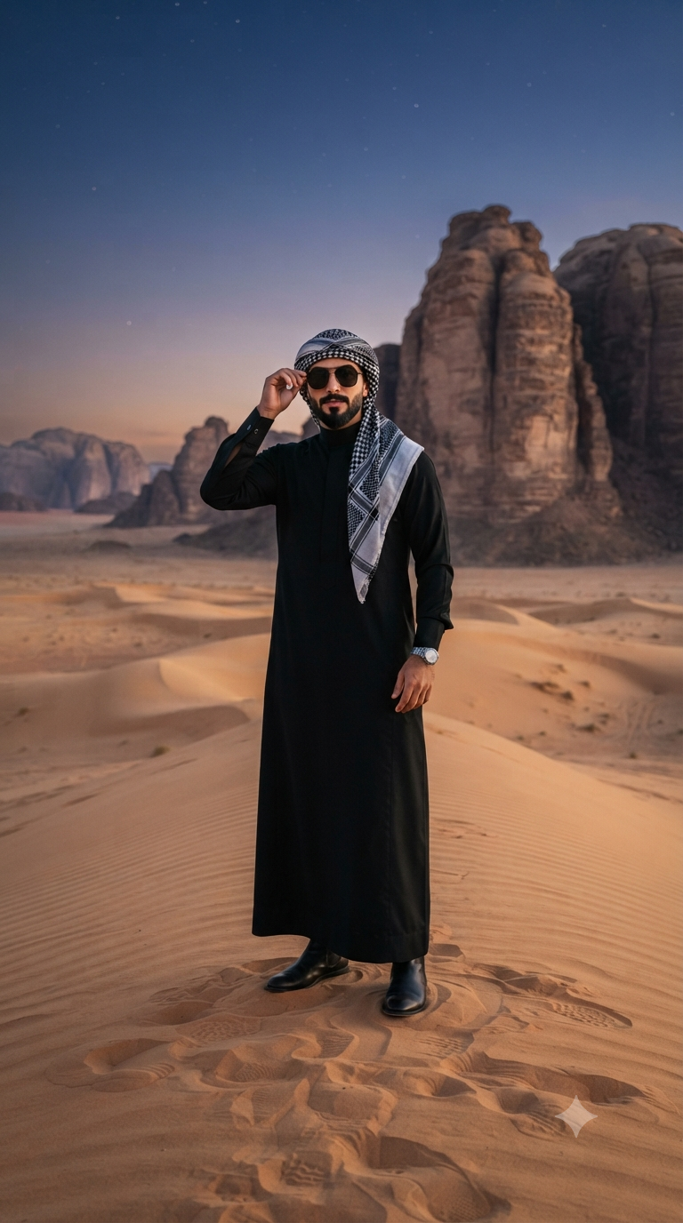 Twilight Desert Keffiyeh & Black Thobe Portrait