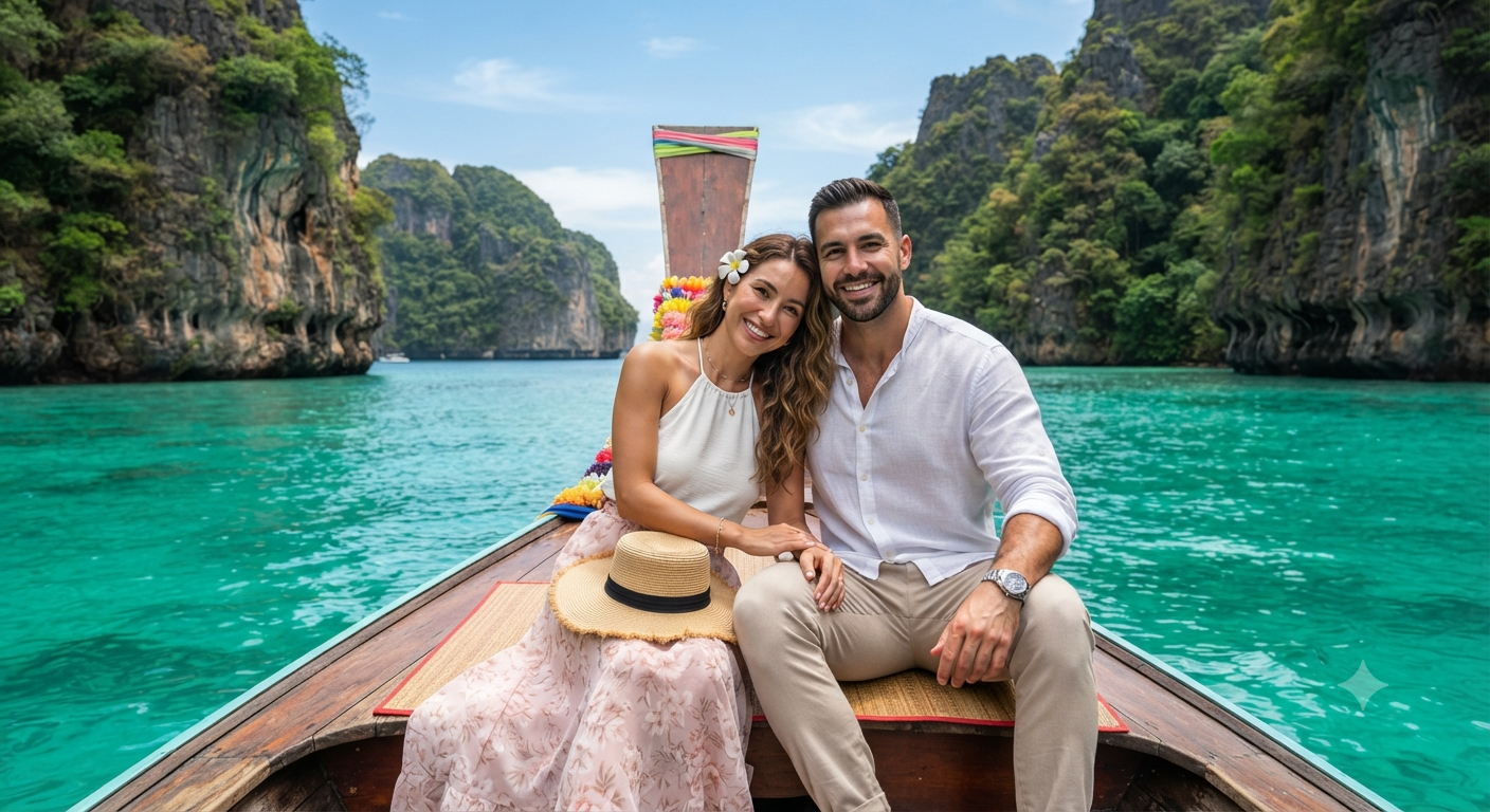 Tropical Lagoon Longtail Boat Couple Portrait