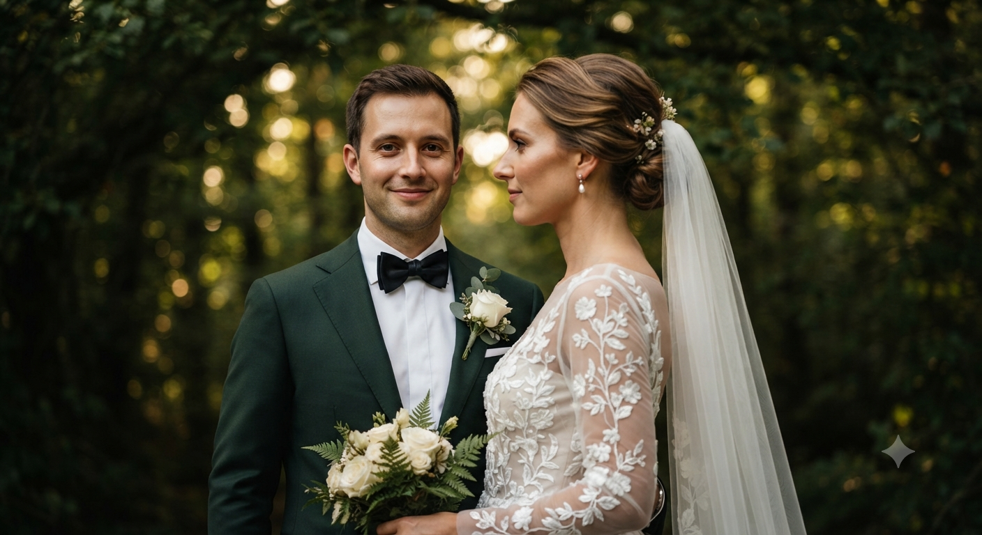 Forest Green Suit and Floral Embroidery Newlywed Portrait