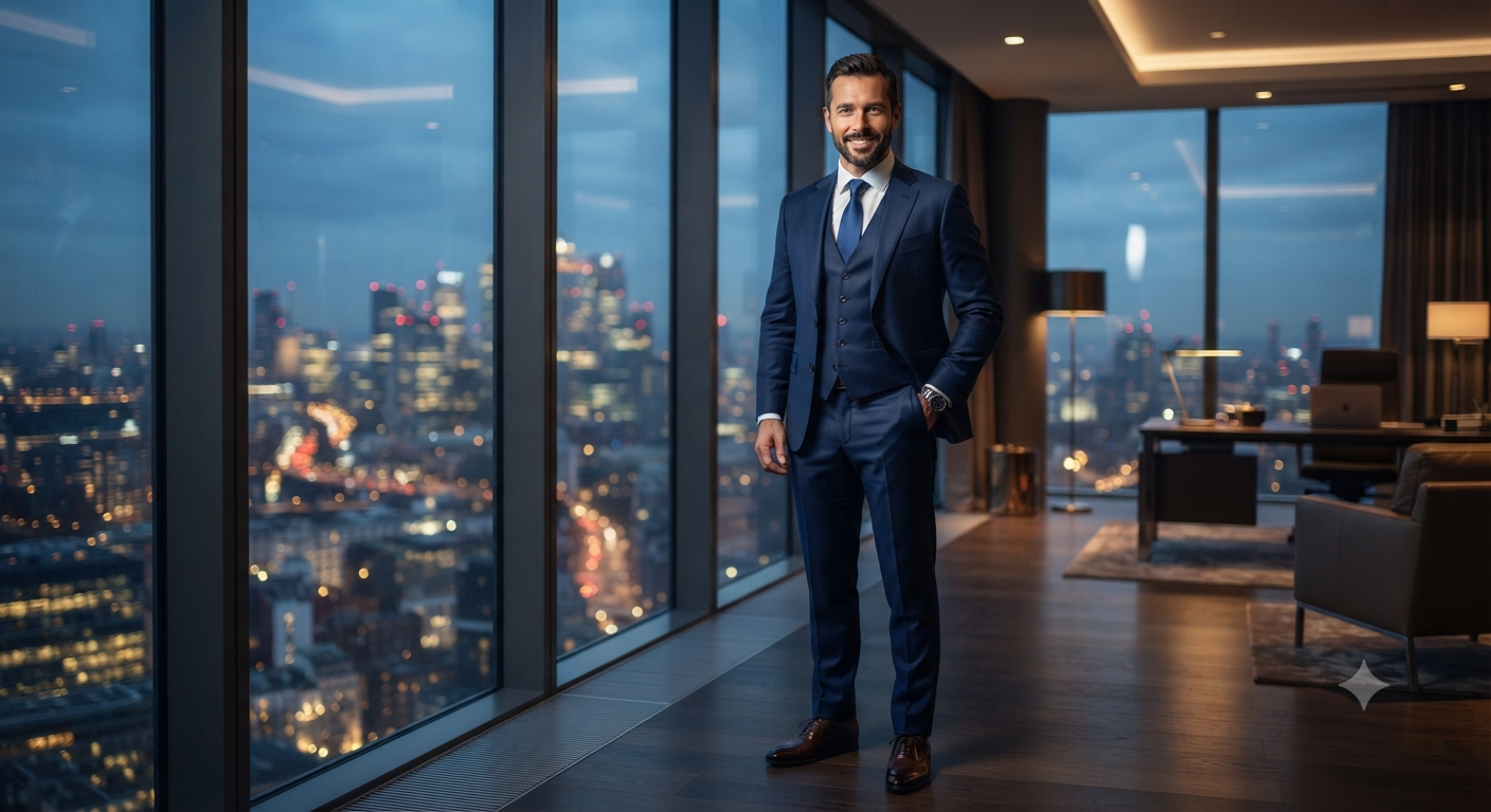 Navy Blue Three-Piece Suit Skyline Executive Portrait