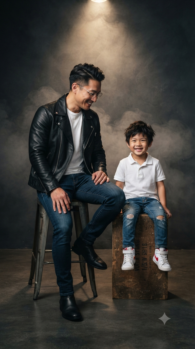 Leather and Denim: Full-Length Father and Son Studio Editorial