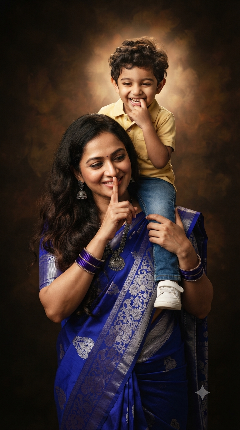 Playful Secret: Medium-Shot Mother and Son Shoulder-Carry Studio Portrait