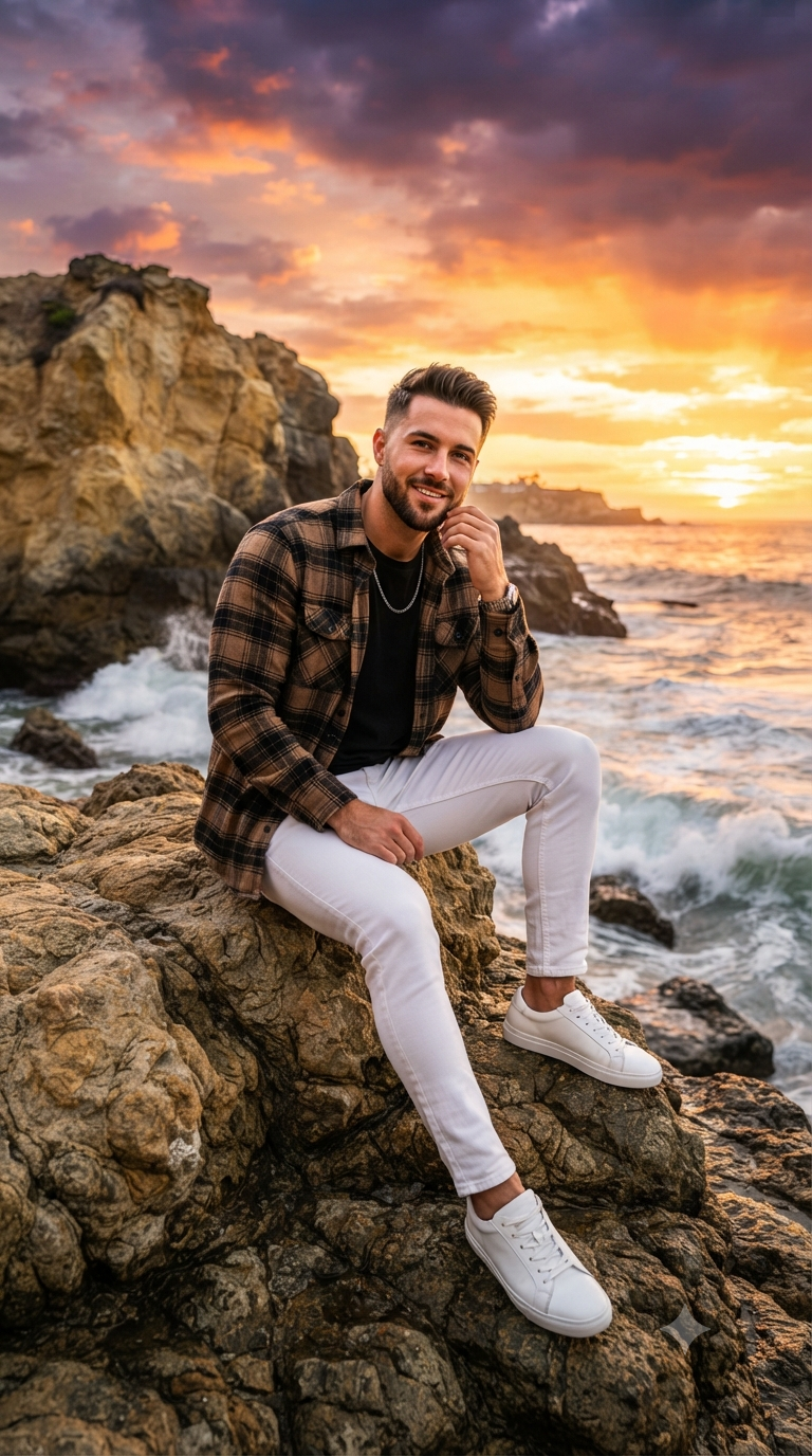 candid lifestyle potraiture — Coastal Sunset Flannel & Rock Portrait