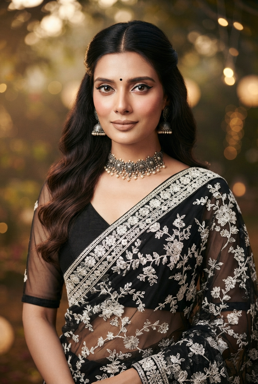 Elegance in Noir: Close-Up South Asian Sheer Saree Editorial