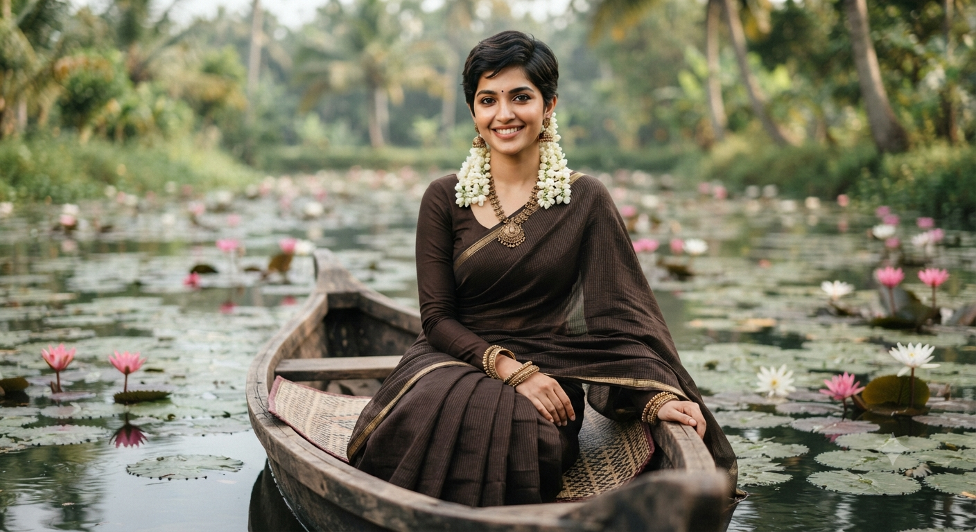 Short Hair Lotus Pond Brown Saree Portrait