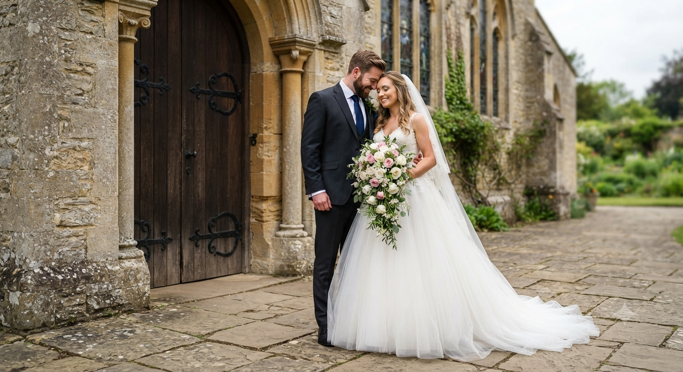 Stone Church Entrance Romantic Newlywed Portrait