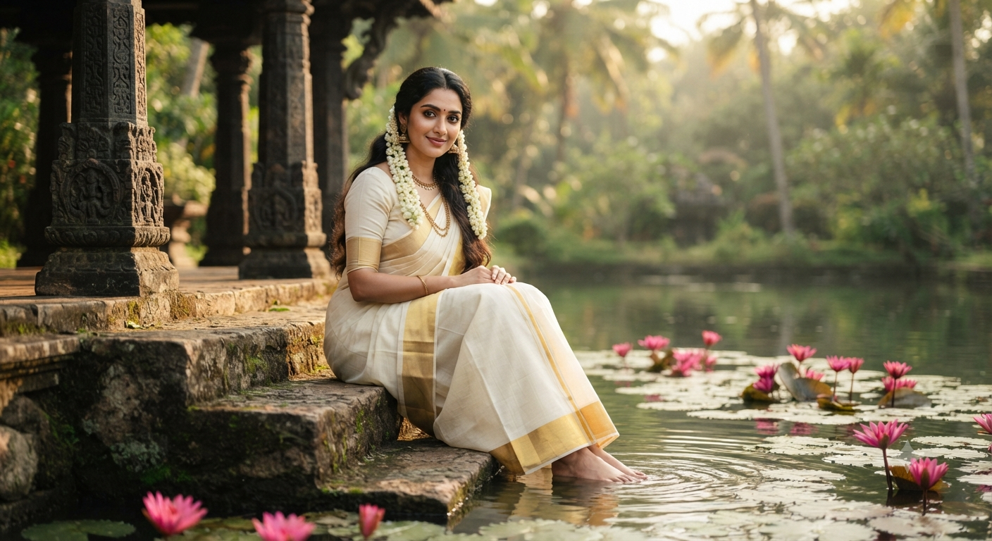 Kasavu Saree Pavilion Water Garden Portrait