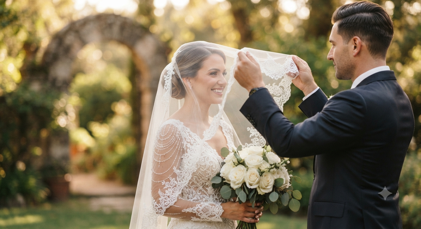 Lace Veil Lifting Romantic Newlywed Portrait