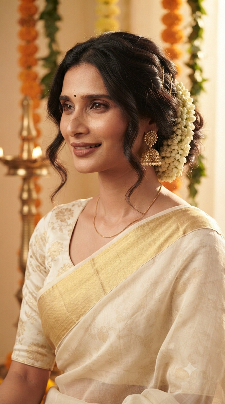 Kasavu Elegance: Close-Up Traditional South Asian Festive Editorial