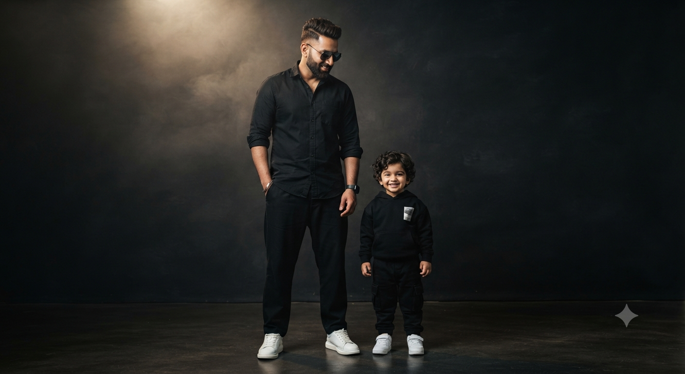 Urban Monochrome: Full-Length Streetwear Father and Son Studio Editorial