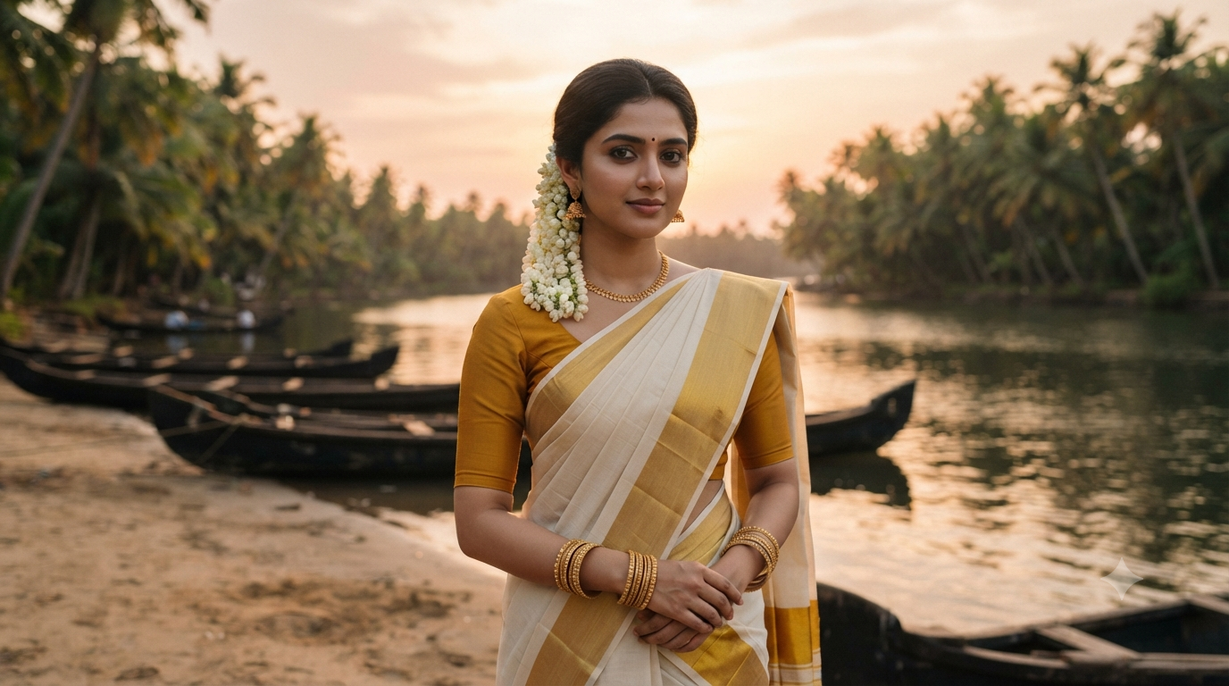 Traditional onam Ethnic Fashion — Kerala Backwater Sunset Portrait