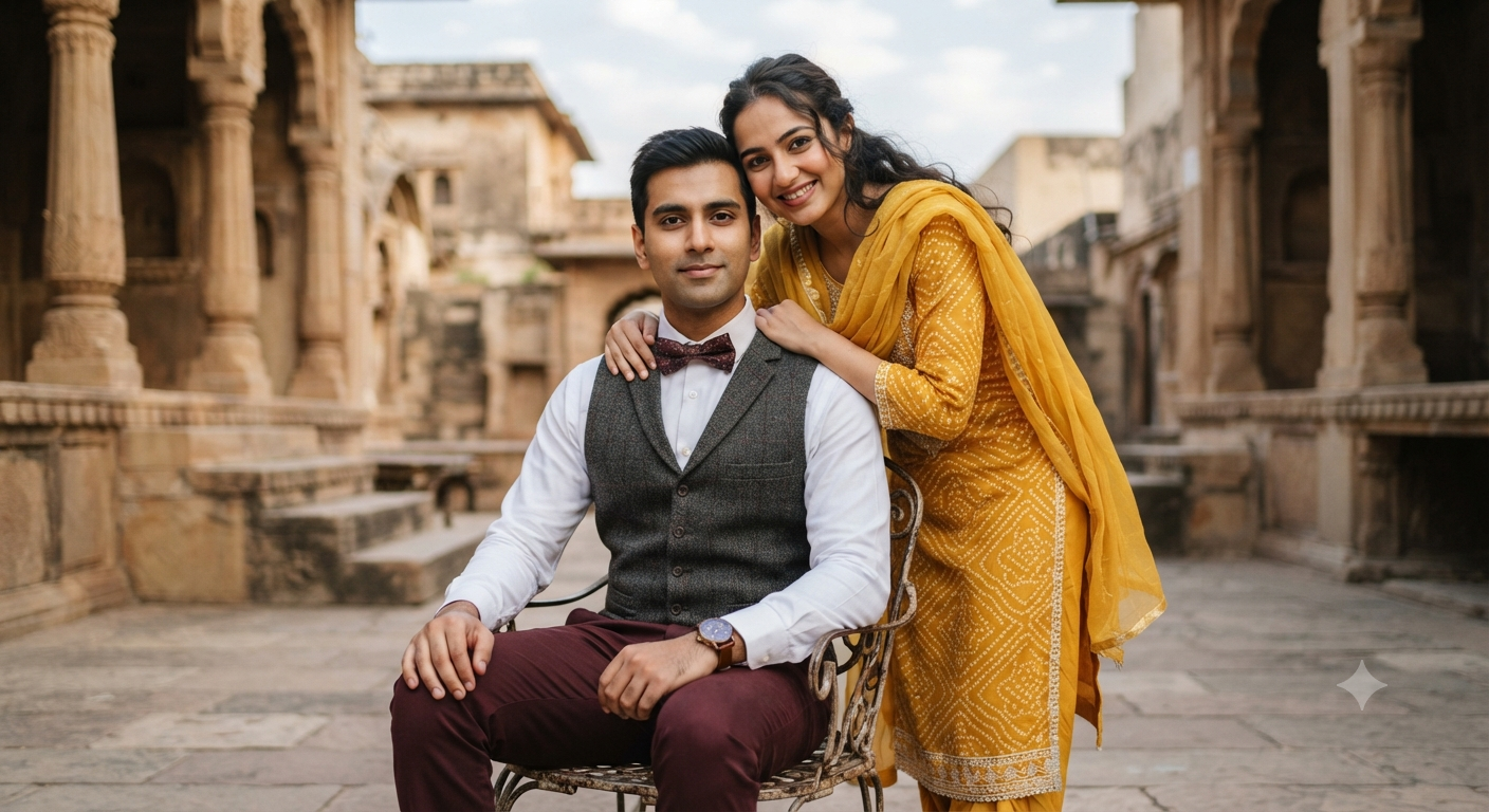 Heritage Courtyard Romance: The Yellow Saree Portrait