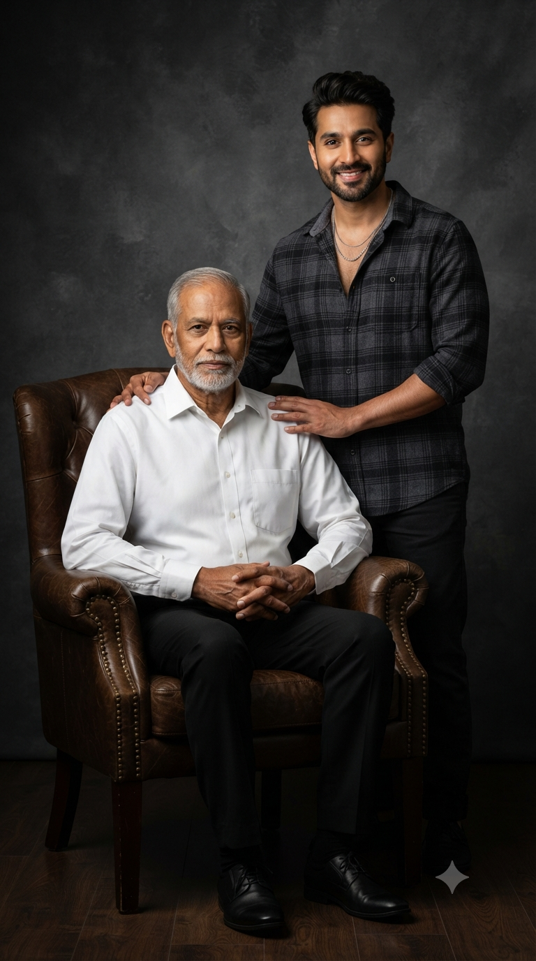 Timeless Bond: Three-Quarter Elderly Father and Son Leather Armchair Portrait