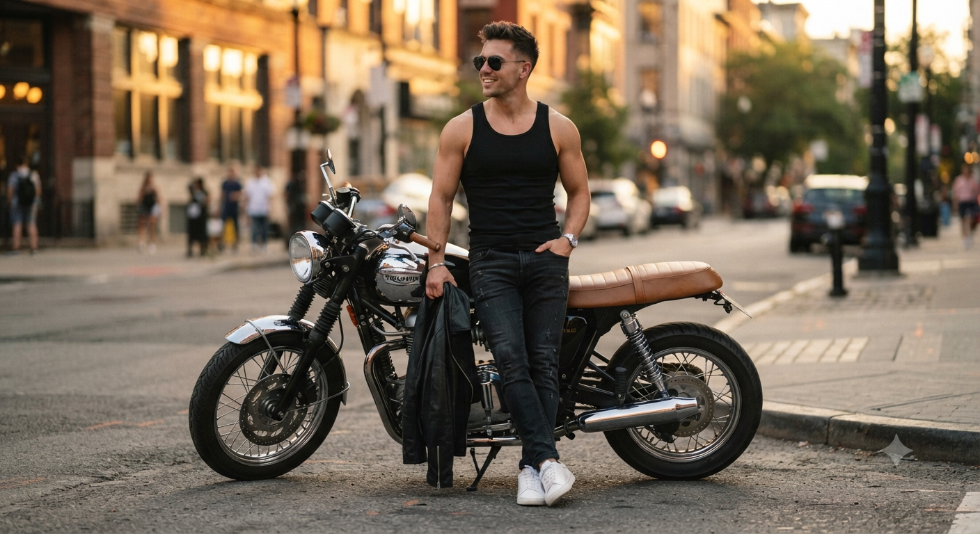 Urban Lifestyle Photography — Golden Hour Urban Motorcycle Street Portrait