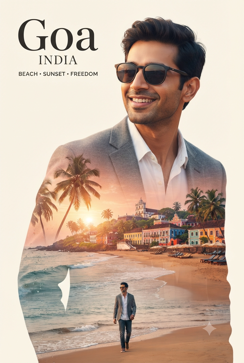 Goa Coastal Sunset Double-Exposure Travel Poster