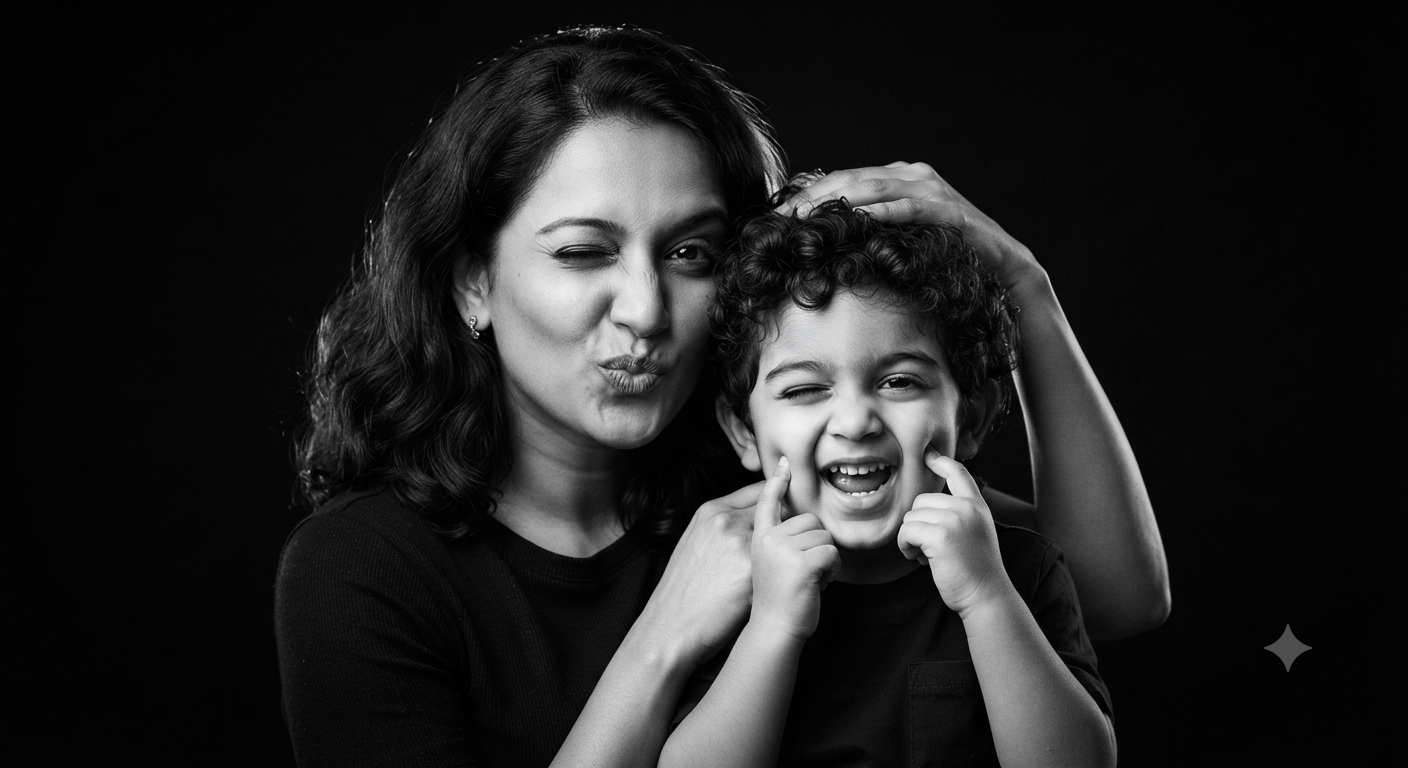 Playful Winks: Close-Up Black and White Mother and Son Studio Portrait