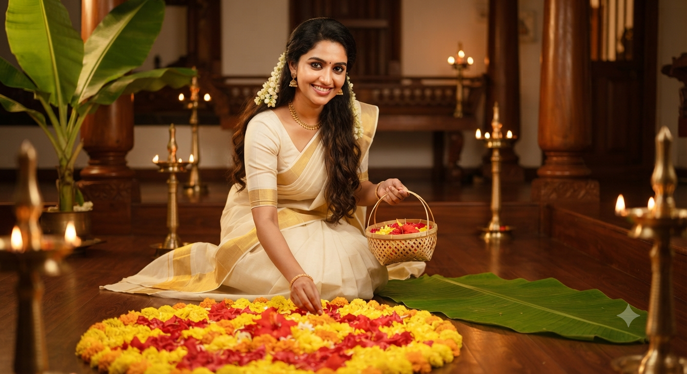 Kasavu Saree Pookkalam Floral Arrangement Portrait