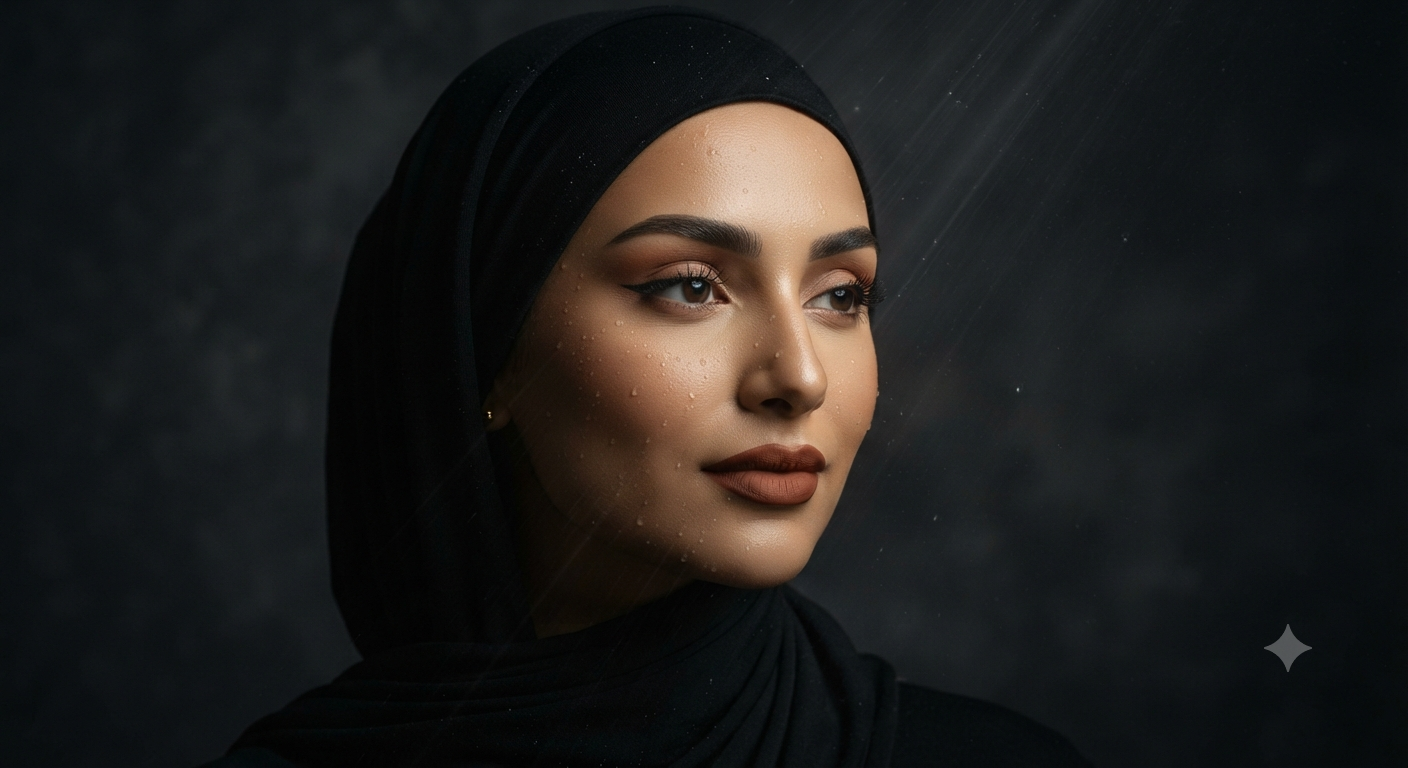 The Glistening Muse: A Dramatic Black Hijab Beauty Portrait