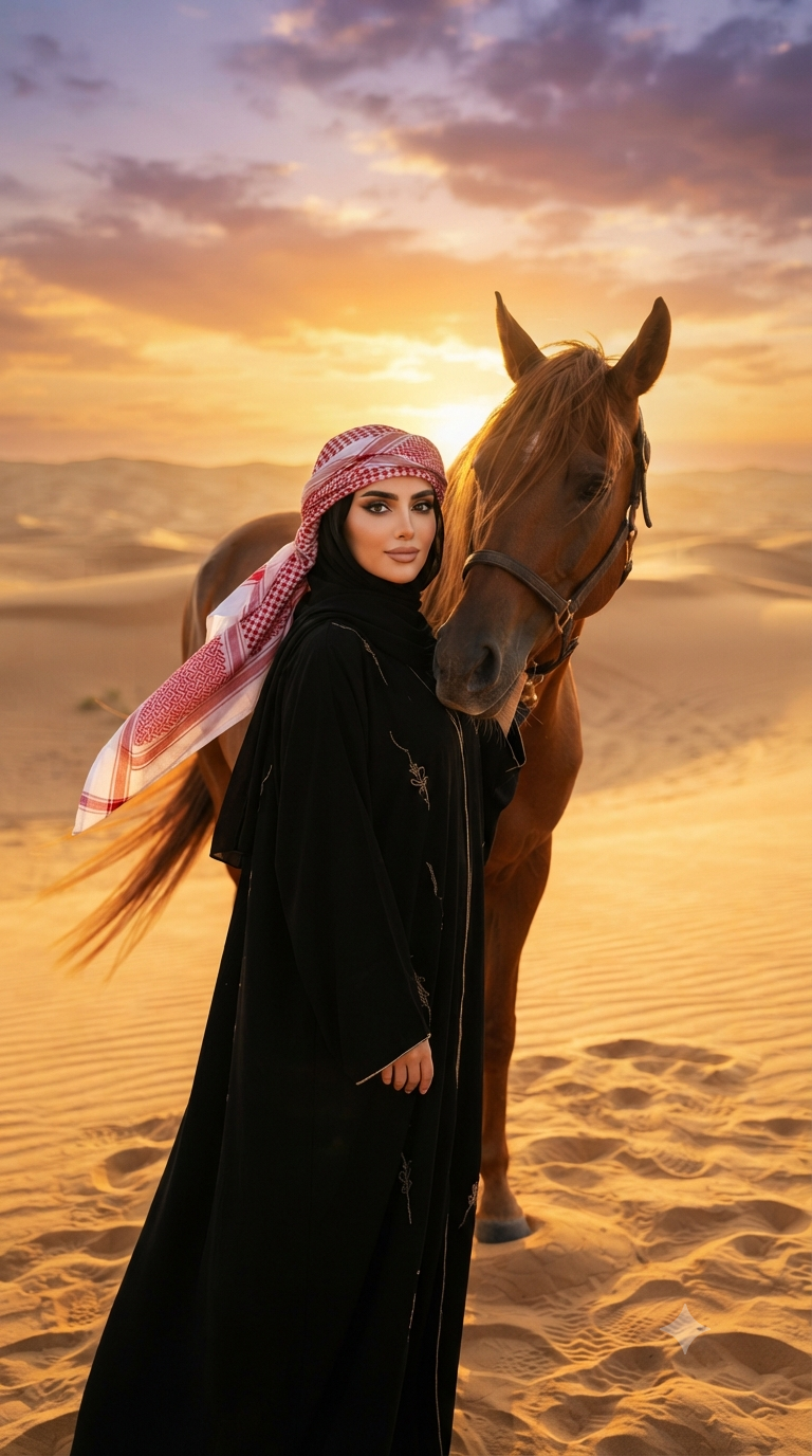 Desert Sunset Abaya & Equestrian Cinematic Portrait