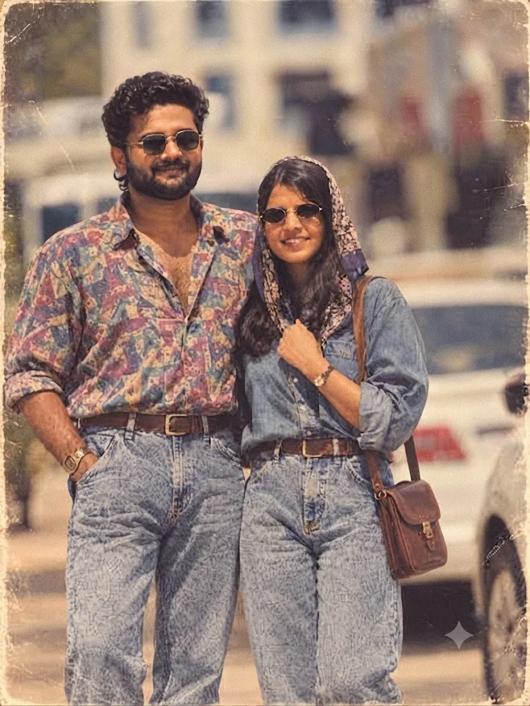 The 90s Street Stroll: Vintage Denim & Print Duo