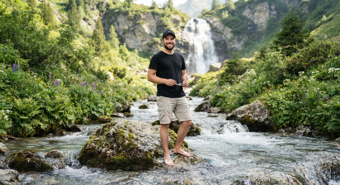 Alpine Waterfall Stream Outdoor Adventure Portrait