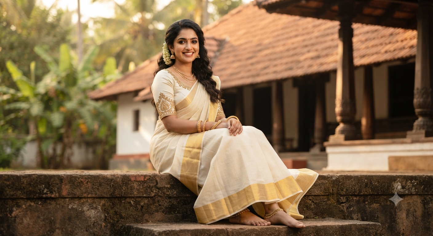 Raised Stone Ledge Kasavu Saree Portrait