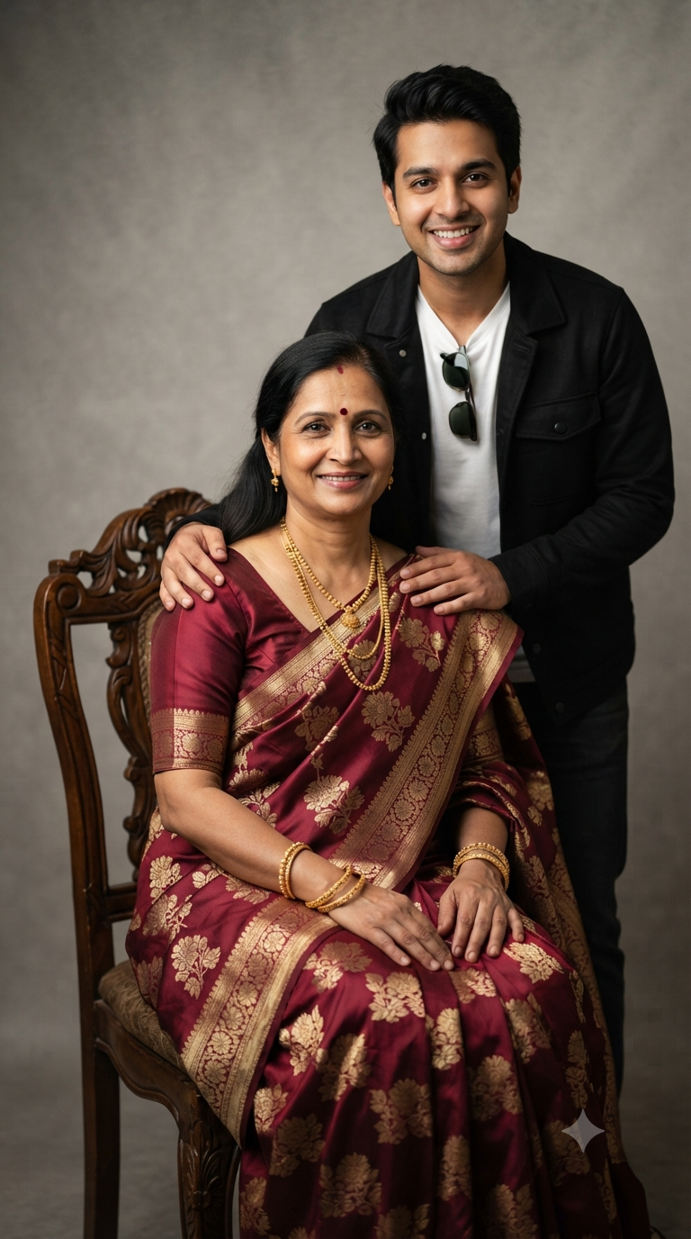 Elegance and Affection: Medium-Shot Mother and Adult Son Studio Portrait