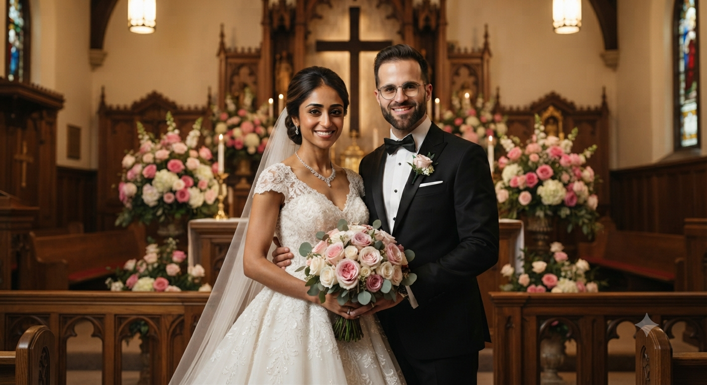 Traditional Church Altar Newlywed Portrait